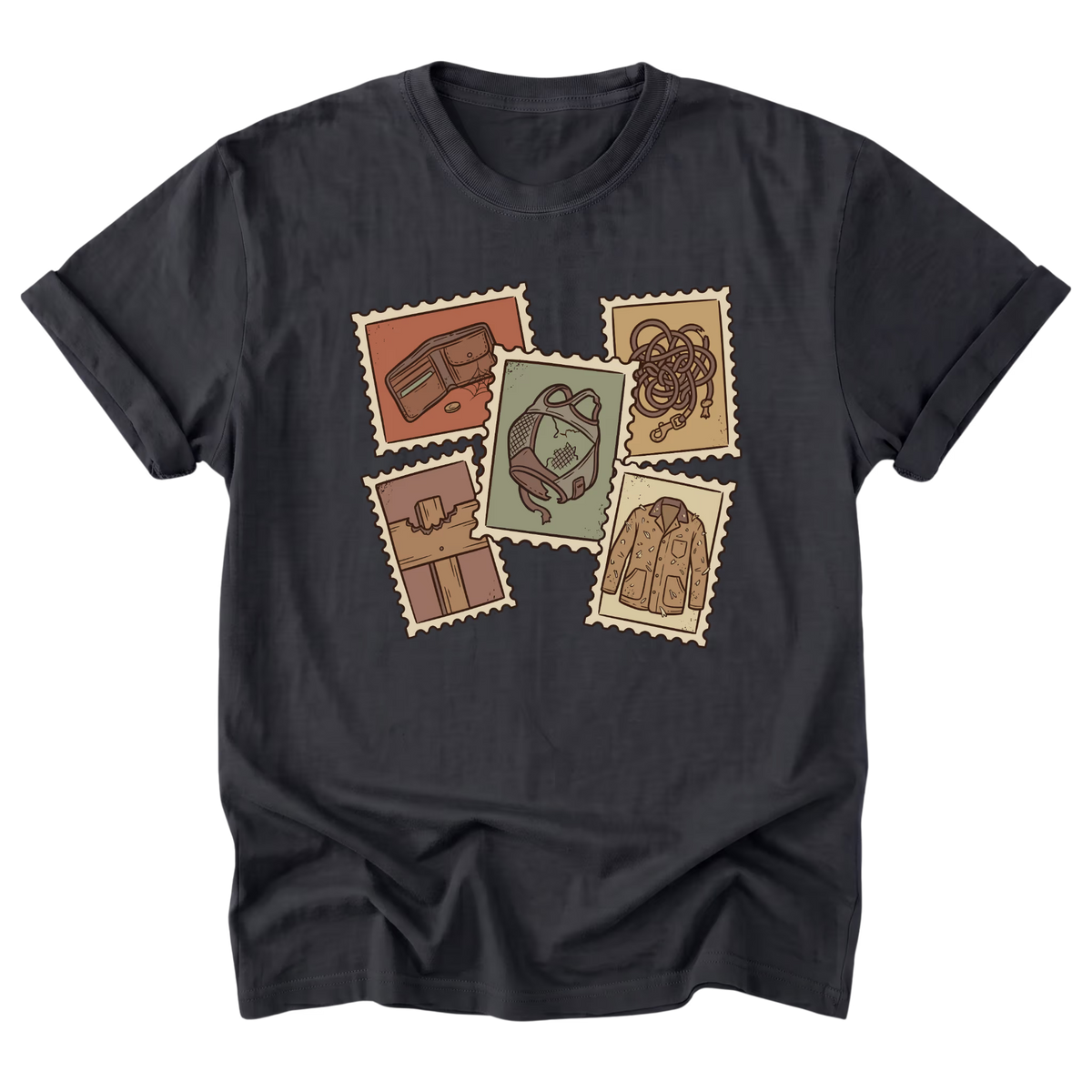 A black short-sleeve t-shirt with a vintage-style graphic on the front. The graphic features five postage-stamp illustrations showing an empty wallet, tangled lead rope, worn horse fly mask, broken wooden fence, and hay-covered barn jacket in muted earthy colors.