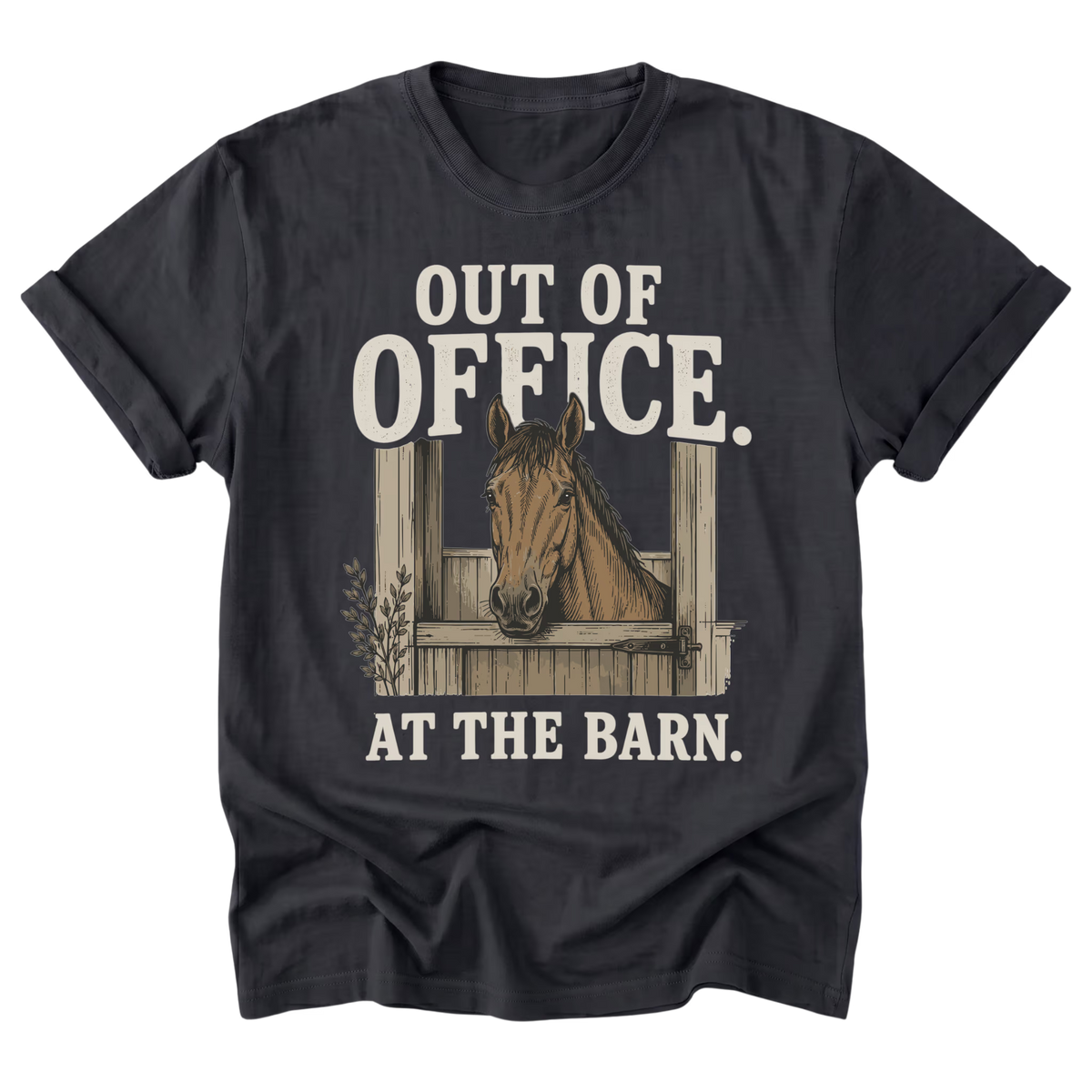 A black t-shirt with a graphic print of a brown horse in a barn stall and the text 'OUT OF OFFICE. AT THE BARN.