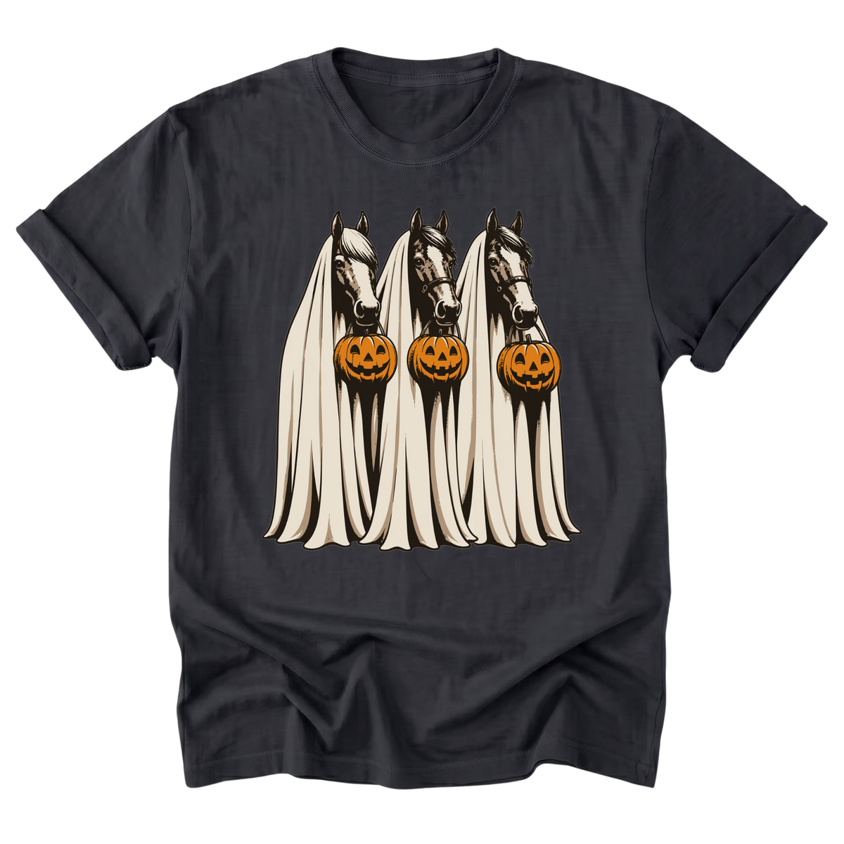 A black short-sleeve t-shirt with a graphic print of three horses draped in white veils, each holding a carved orange pumpkin, shown on a plain white background.