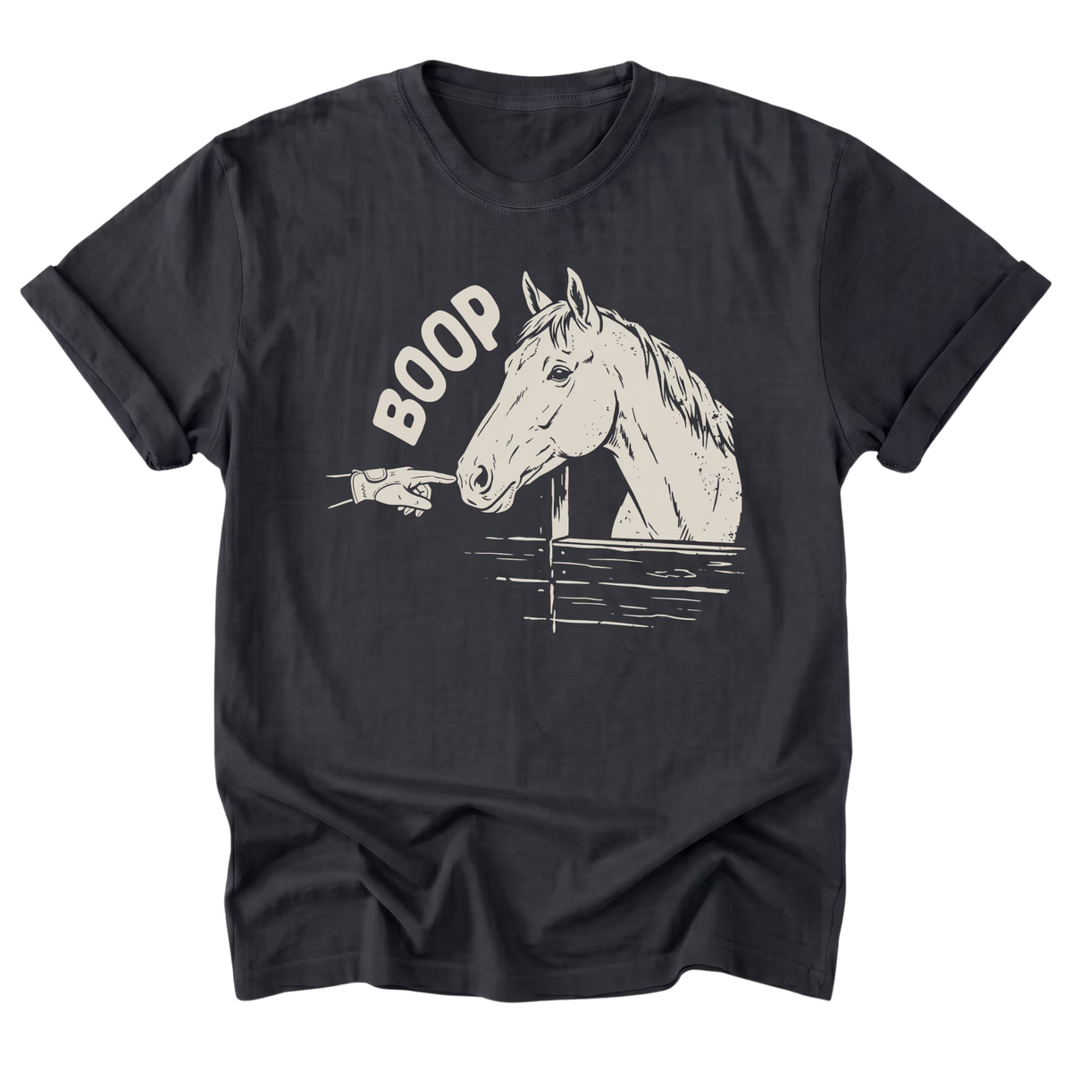 A black graphic t-shirt featuring an illustration of a horse and gloved hand booping the muzzle of the horse and featuring the text 'BOOP' printed on the front.