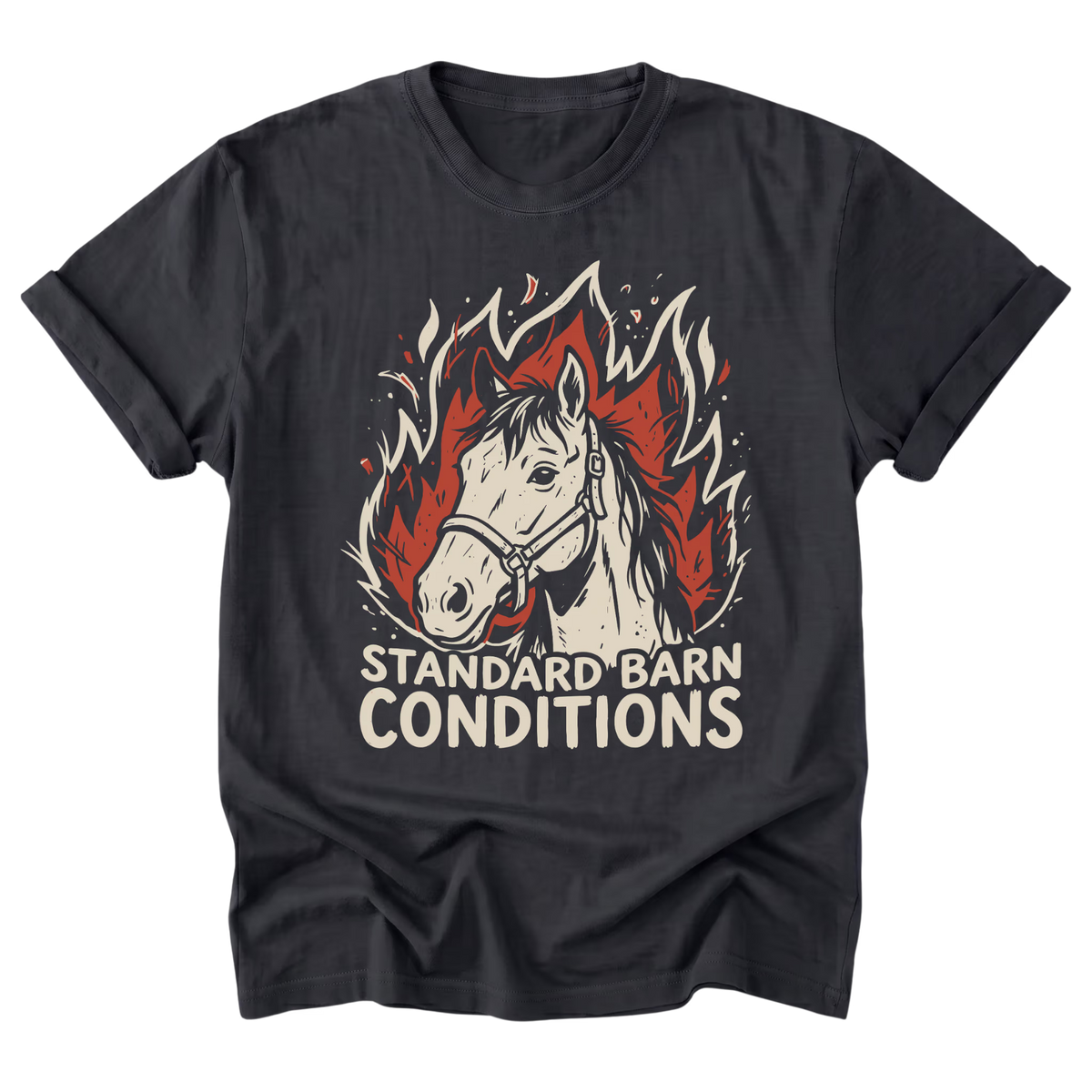 A black t-shirt with a graphic of a white horse head surrounded by red and white flames, with the text 'STANDARD BARN CONDITIONS' printed below in white.