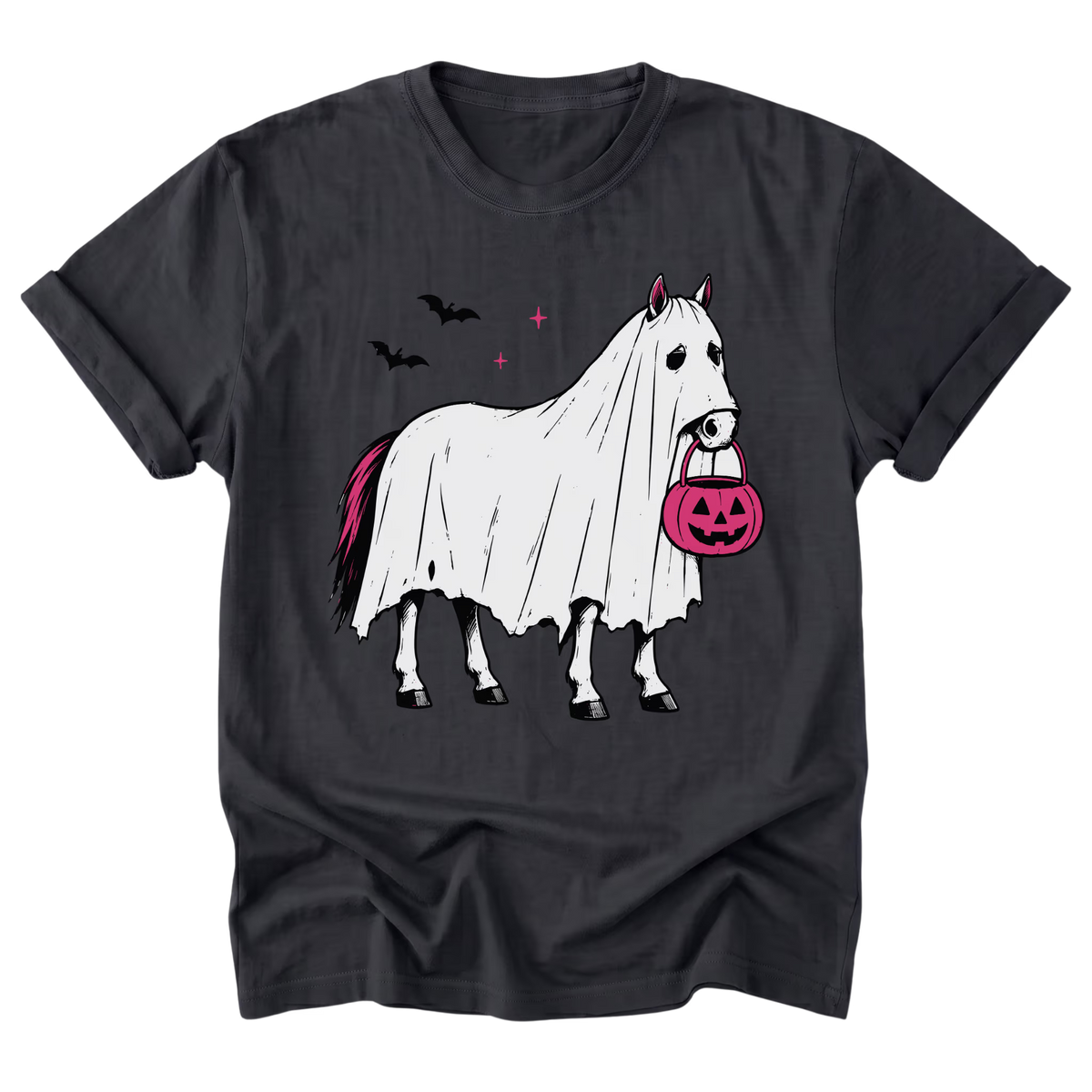 A black t-shirt featuring a graphic of a white horse draped in a ghost, holding a pink jack-o'-lantern bucket, with black bats and pink stars in the background.