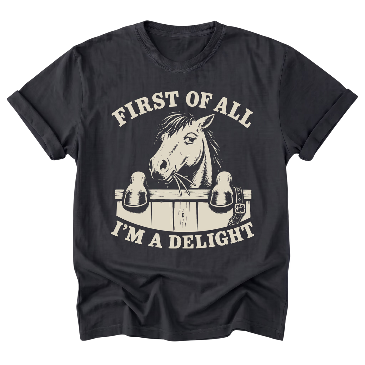 A black t-shirt with a cream-colored graphic print of a horse head over a stable door, with the text 'FIRST OF ALL I'M A DELIGHT'.