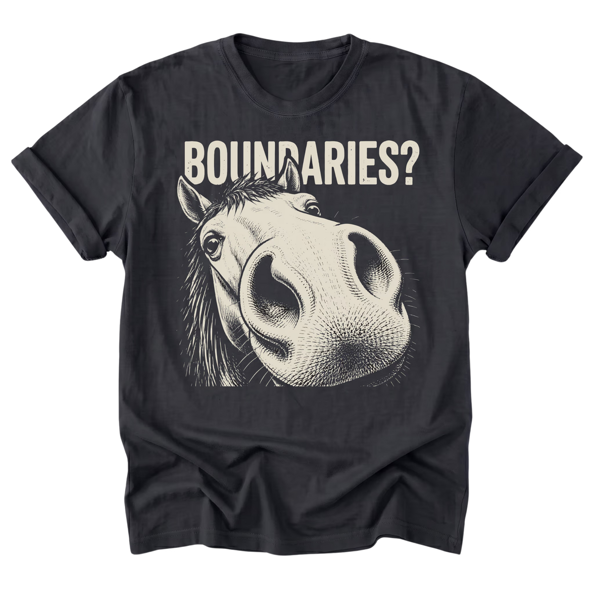 A black t-shirt featuring a graphic print of a horse's face and the text 'BOUNDARIES?' in a distressed cream font, displayed on a solid white background.