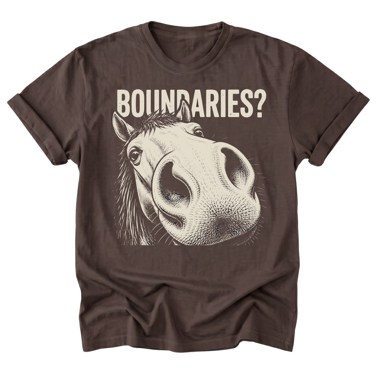 A dark brown short-sleeve t-shirt with a graphic print of a horse's face and the text 'BOUNDARIES?' in a distressed cream font, displayed on a solid white background.