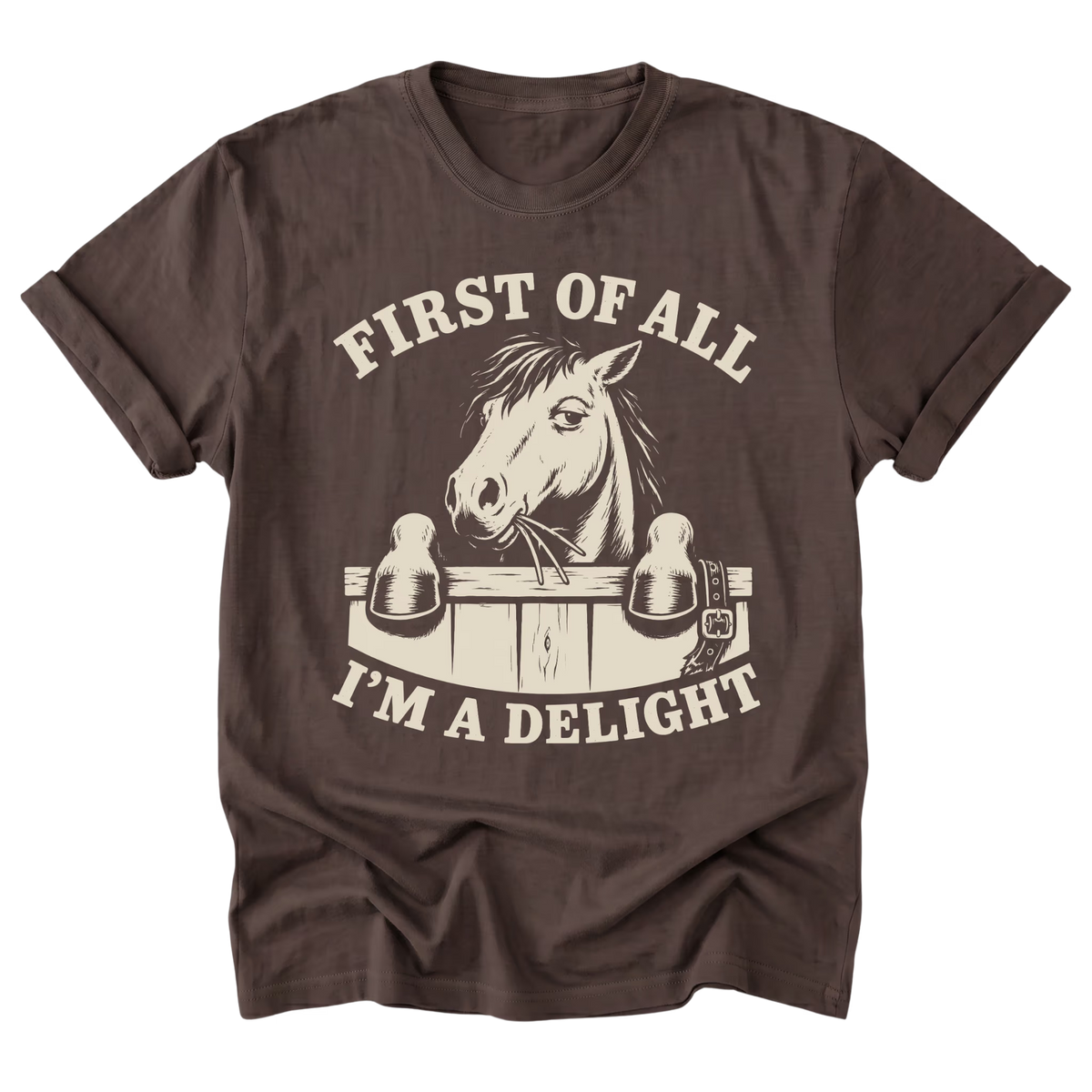 A dark brown short-sleeve t-shirt with a cream-colored graphic print of a horse and the text 'FIRST OF ALL I'M A DELIGHT'.