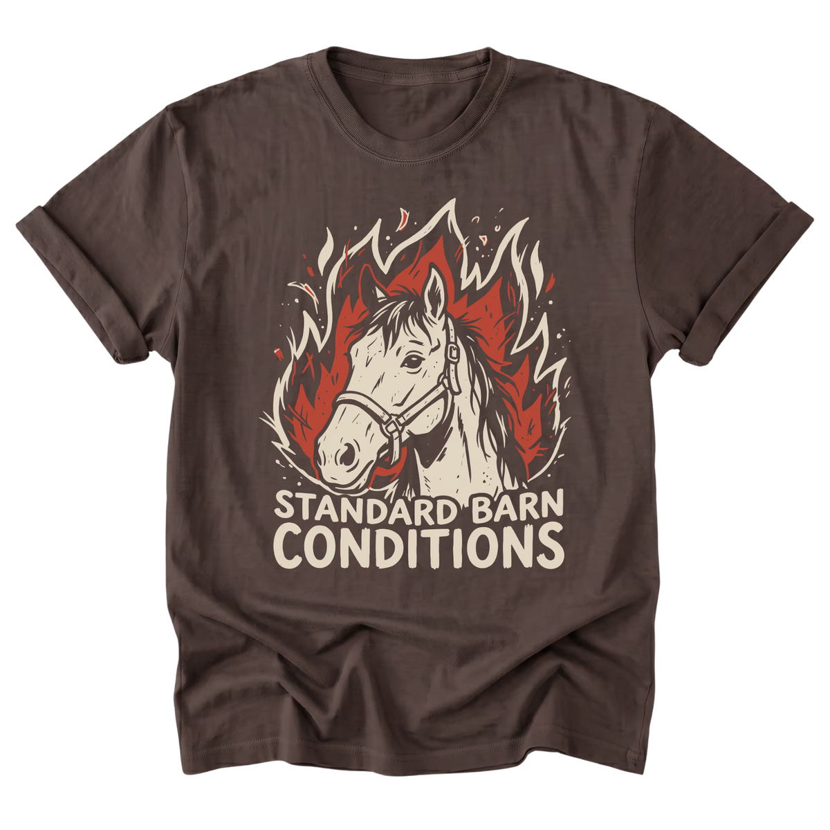A dark brown short-sleeve t-shirt with a graphic of a white horse head surrounded by red flames and the text 'STANDARD BARN CONDITIONS' printed below, displayed on a clean white background.