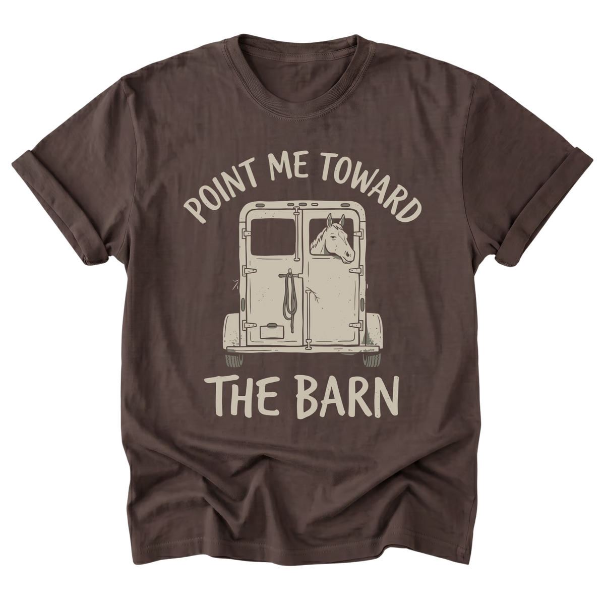A dark brown short-sleeve t-shirt with a graphic print of a horse in a stable and the text 'POINT ME TOWARD THE BARN' in a light beige color, displayed on a solid white background.