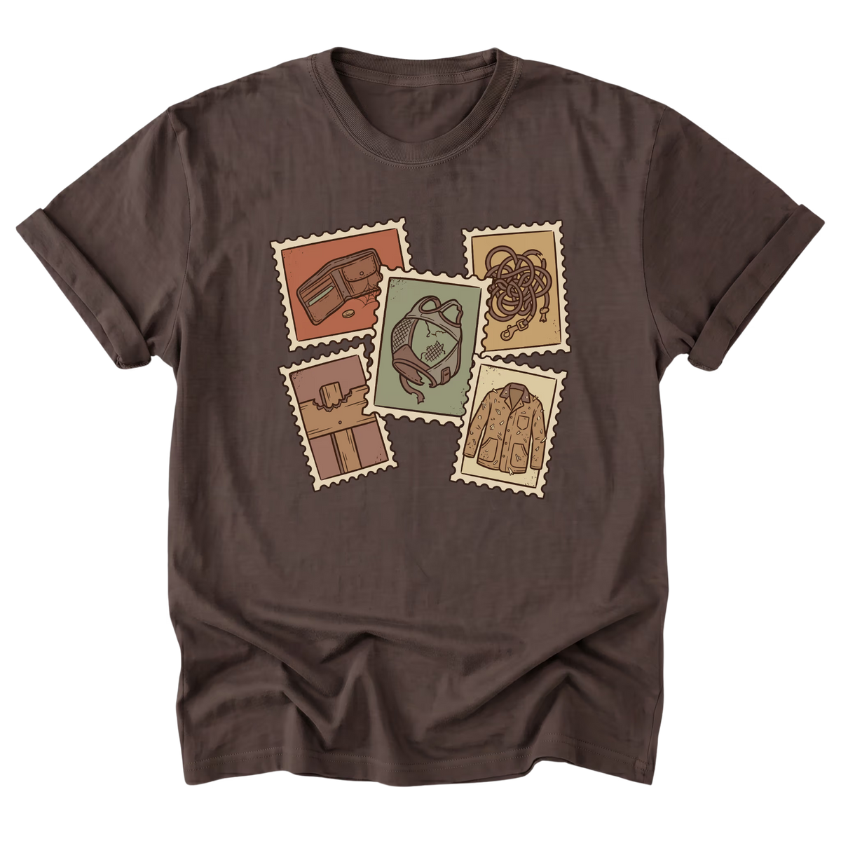 A dark brown short-sleeve t-shirt with a vintage-style graphic on the front. The graphic features five postage-stamp illustrations showing an empty wallet, tangled lead rope, worn horse fly mask, broken wooden fence, and hay-covered barn jacket in muted earthy colors.