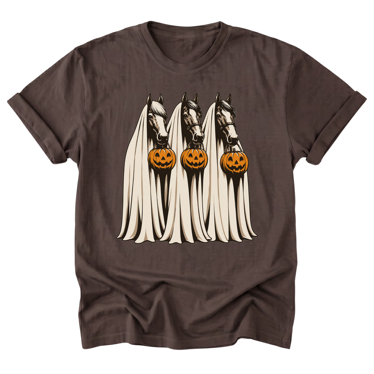 A dark brown short-sleeve t-shirt with a graphic print of three white ghostly horse heads wearing black bandanas and holding carved orange jack-o'-lantern pumpkins, displayed on a clean white background.