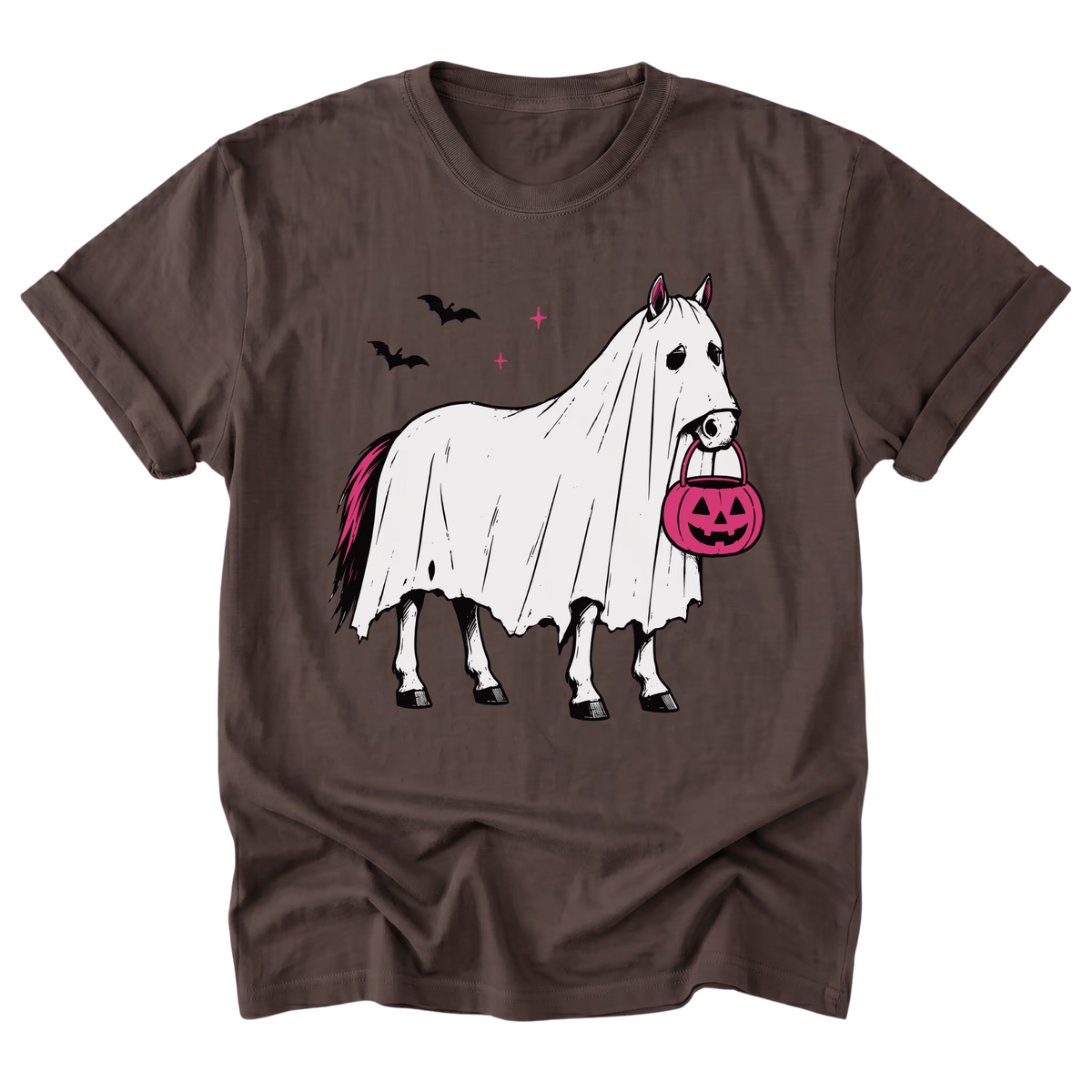 A brown short-sleeve crewneck t-shirt featuring a graphic of a white horse draped in a ghost, holding a pink jack-o'-lantern bucket, with two black bats and small pink stars in the background.