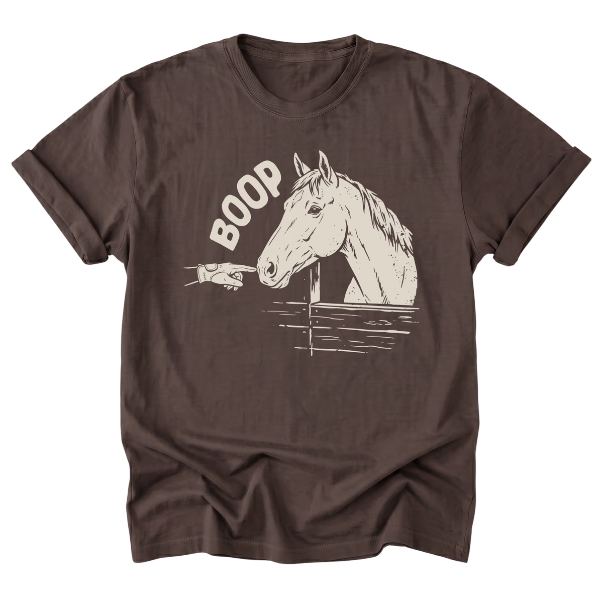 A dark brown graphic t-shirt featuring an illustration of a horse and gloved hand booping the muzzle of the horse and heaturing the text 'BOOP' printed on the front.