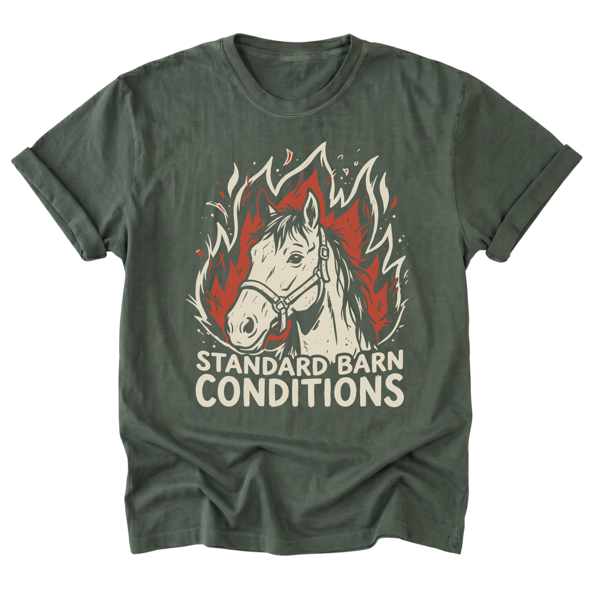 A military olive green t-shirt with a graphic of a white horse head surrounded by red flames, with the text 'STANDARD BARN CONDITIONS' printed below in white.