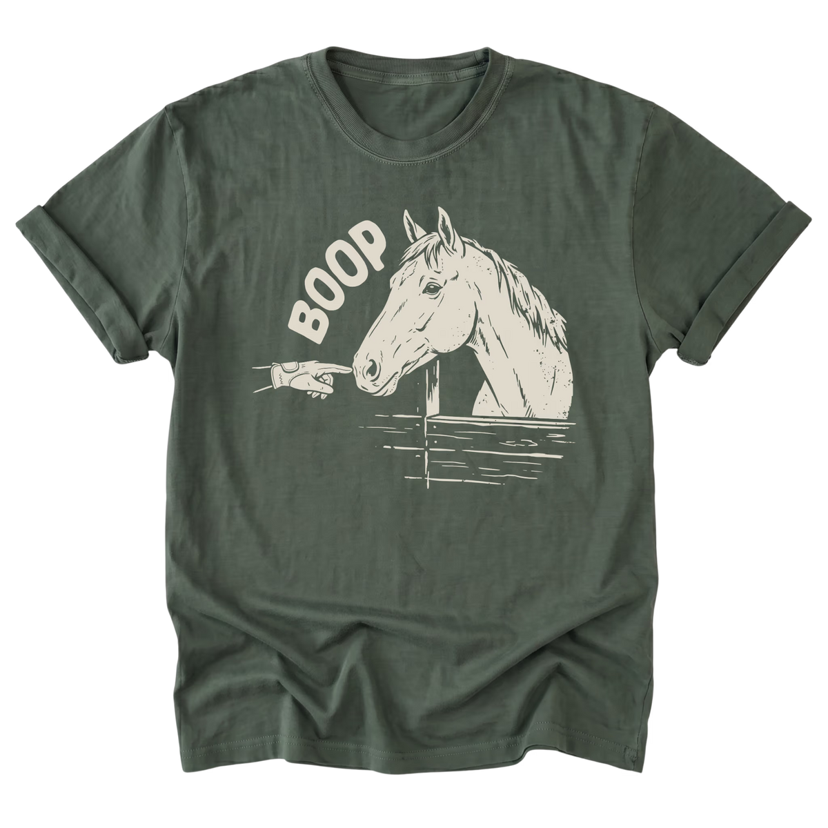 A military green graphic t-shirt featuring an illustration of a horse and gloved hand booping the muzzle of the horse and heaturing the text 'BOOP' printed on the front.
