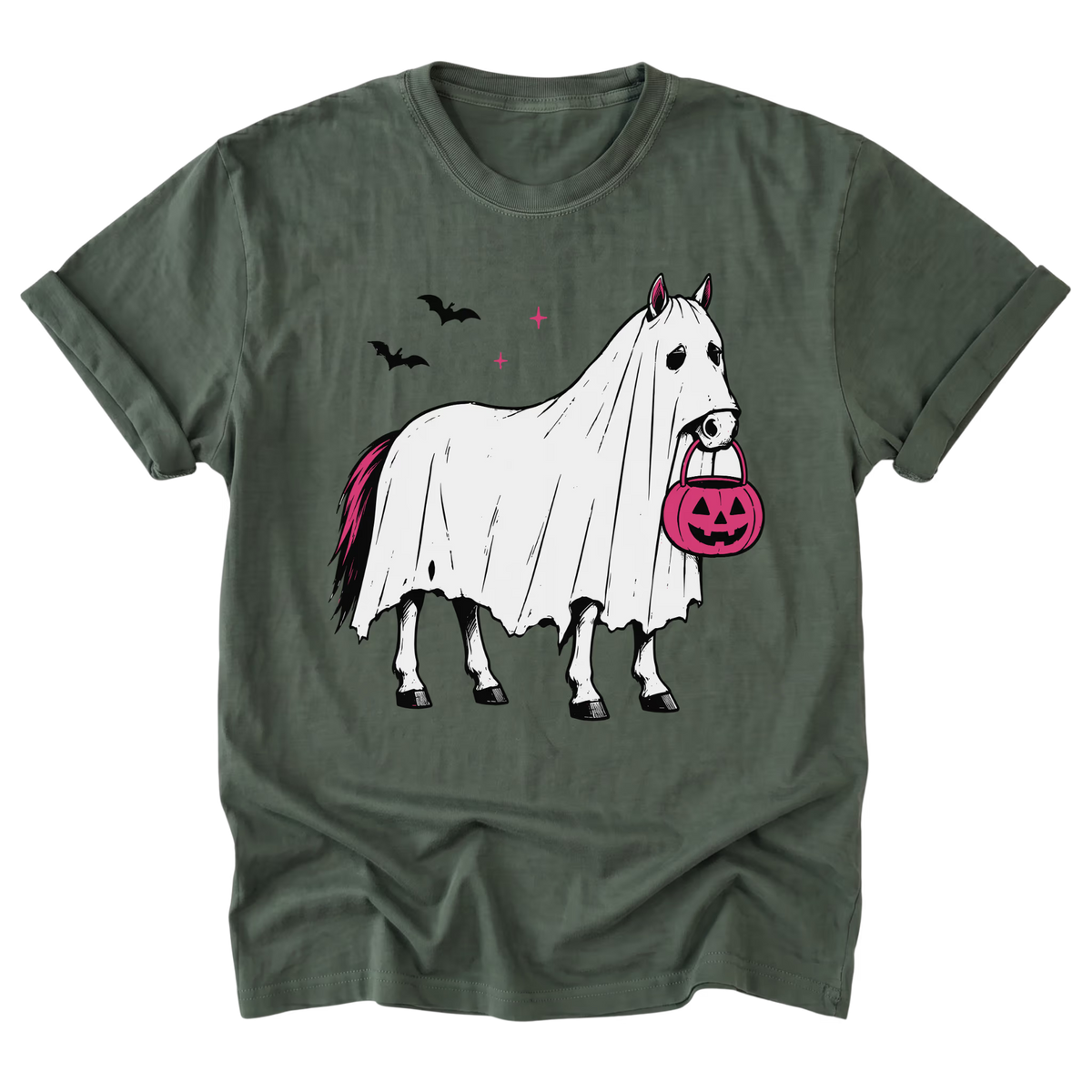 An military green short-sleeve t-shirt with a graphic of a white ghost horse carrying a pink jack-o'-lantern bucket, set against a plain white background.