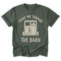 A military green short-sleeve t-shirt with a graphic print of a horse in a trailer and the text 'POINT ME TOWARD THE BARN' in a light beige color, displayed on a solid white background.