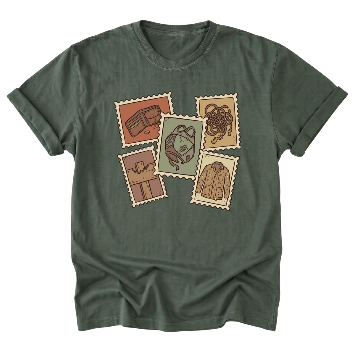 A military green short-sleeve t-shirt with a vintage-style graphic on the front. The graphic features five postage-stamp illustrations showing an empty wallet, tangled lead rope, worn horse fly mask, broken wooden fence, and hay-covered barn jacket in muted earthy colors.