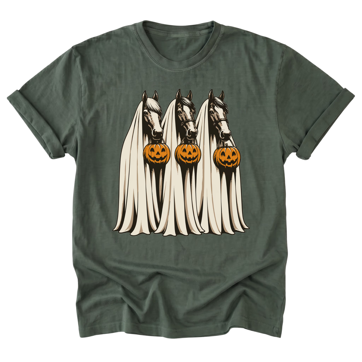 A military olive green short-sleeve t-shirt with a graphic print of three horses draped in white veils and wearing carved jack-o'-lantern masks, displayed on a solid white background.