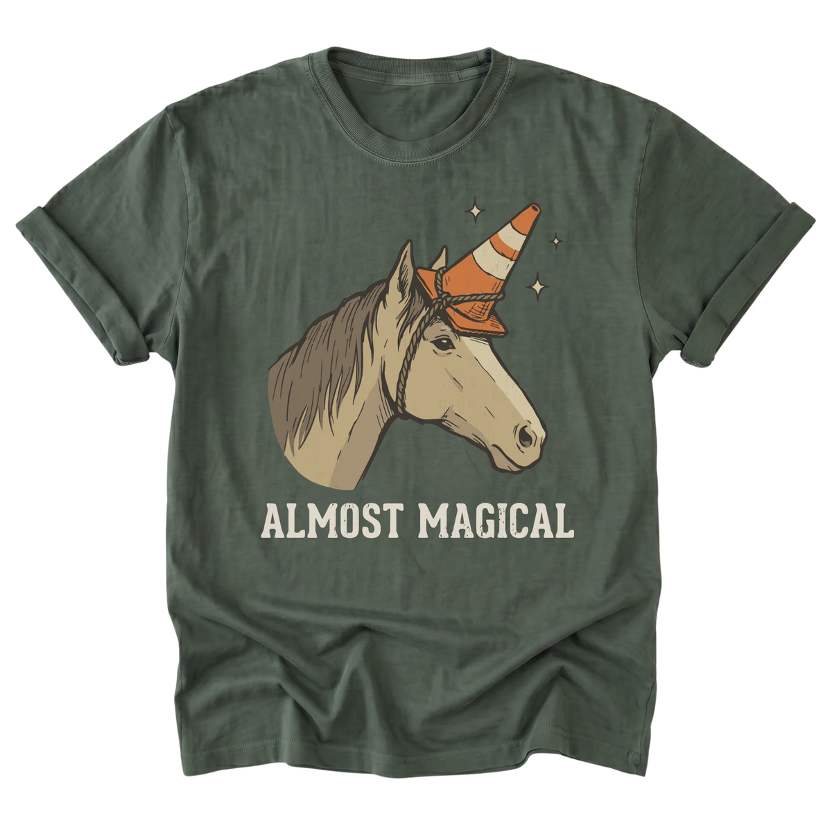 An military green short-sleeve t-shirt with a graphic of a beige horse wearing an orange and white traffic cone horn, with the text 'ALMOST MAGICAL' printed below in cream.