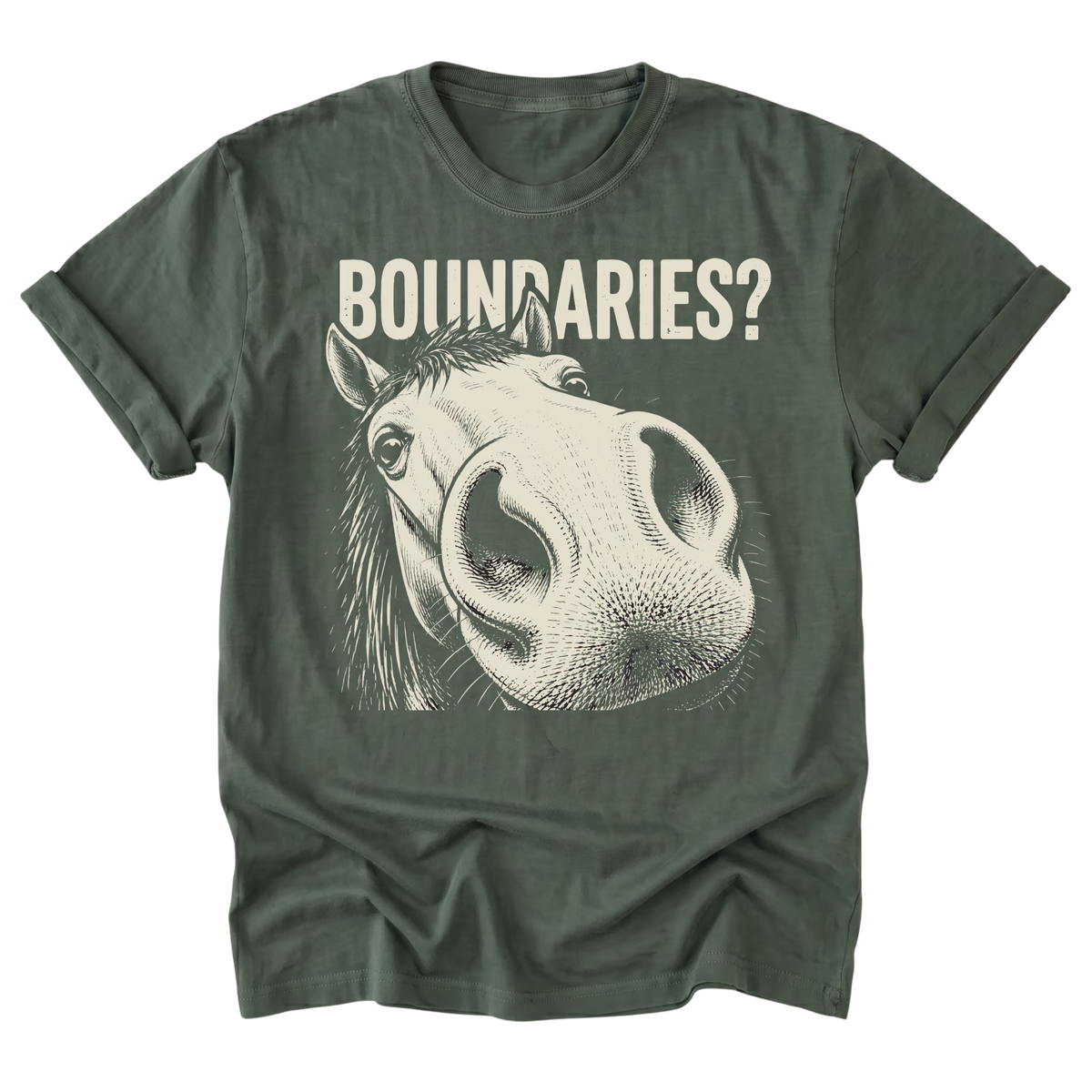 An military green short-sleeve t-shirt with a graphic print of a horse's face and the text 'BOUNDARIES?' in a distressed cream font, displayed flat against a white background.