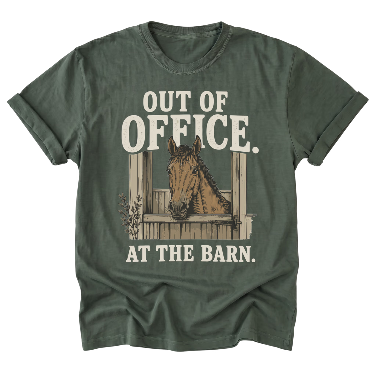 An military green short-sleeve t-shirt with a graphic print of a horse in a stable and the text 'OUT OF OFFICE. AT THE BARN.