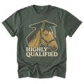 A military green short-sleeve t-shirt with a graphic of a horse wearing a graduation cap and the text 'HIGHLY QUALIFIED' printed below it.