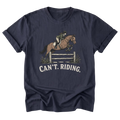 A navy blue short-sleeve t-shirt with a graphic of a horse jump and the text 'CAN'T. RIDING.