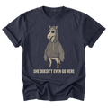 A navy blue graphic t-shirt of a horse wearing a hoodies and sunglasses with the text "She Doesn't Even Go Here" at the bottom
