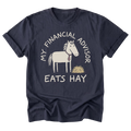 A navy blue short-sleeve t-shirt with a graphic print of a white horse wearing a purple tie and eating hay, surrounded by the text 'MY FINANCIAL ADVISOR EATS HAY' in white.
