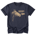 A navy blue short-sleeve t-shirt with a graphic print of a horse's head, a hand touching its nose, and the word 'BOOP!' in tan, shown against a plain white background.