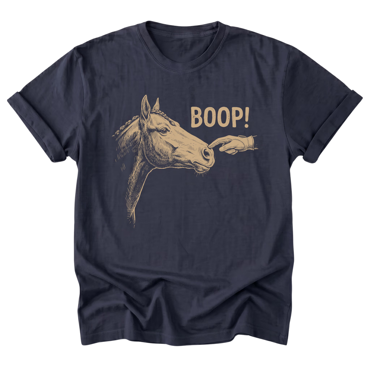 A navy blue short-sleeve t-shirt with a graphic print of a horse's head, a hand touching its nose, and the word 'BOOP!' in tan, shown against a plain white background.