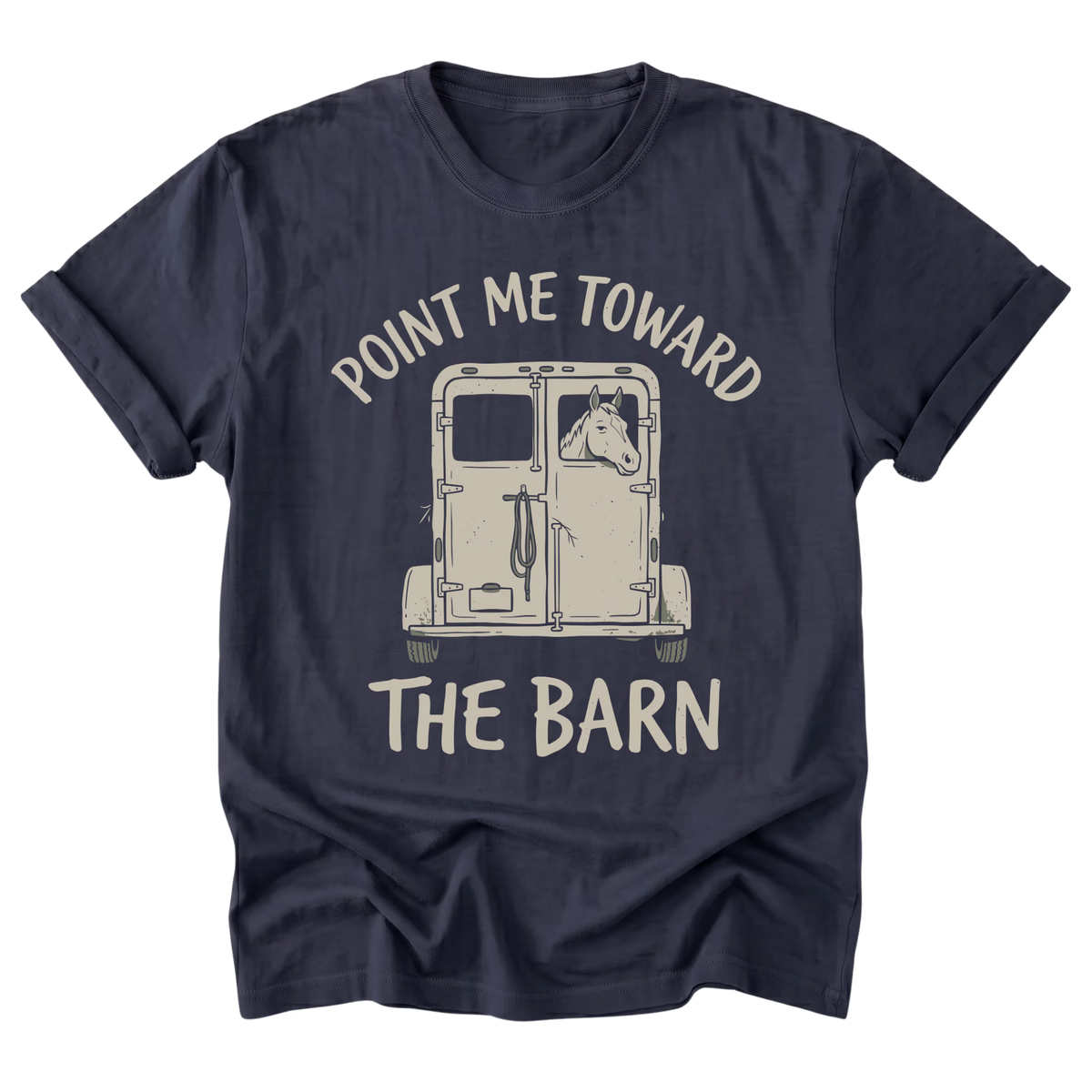 A navy blue short-sleeve t-shirt with a graphic print of a horse in a stall and the text 'POINT ME TOWARD THE BARN' in a distressed cream font, displayed on a solid white background.