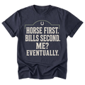 A navy blue short-sleeve t-shirt with a distressed cream-colored graphic on the front. The graphic features a horseshoe logo above the text 'HORSE FIRST.