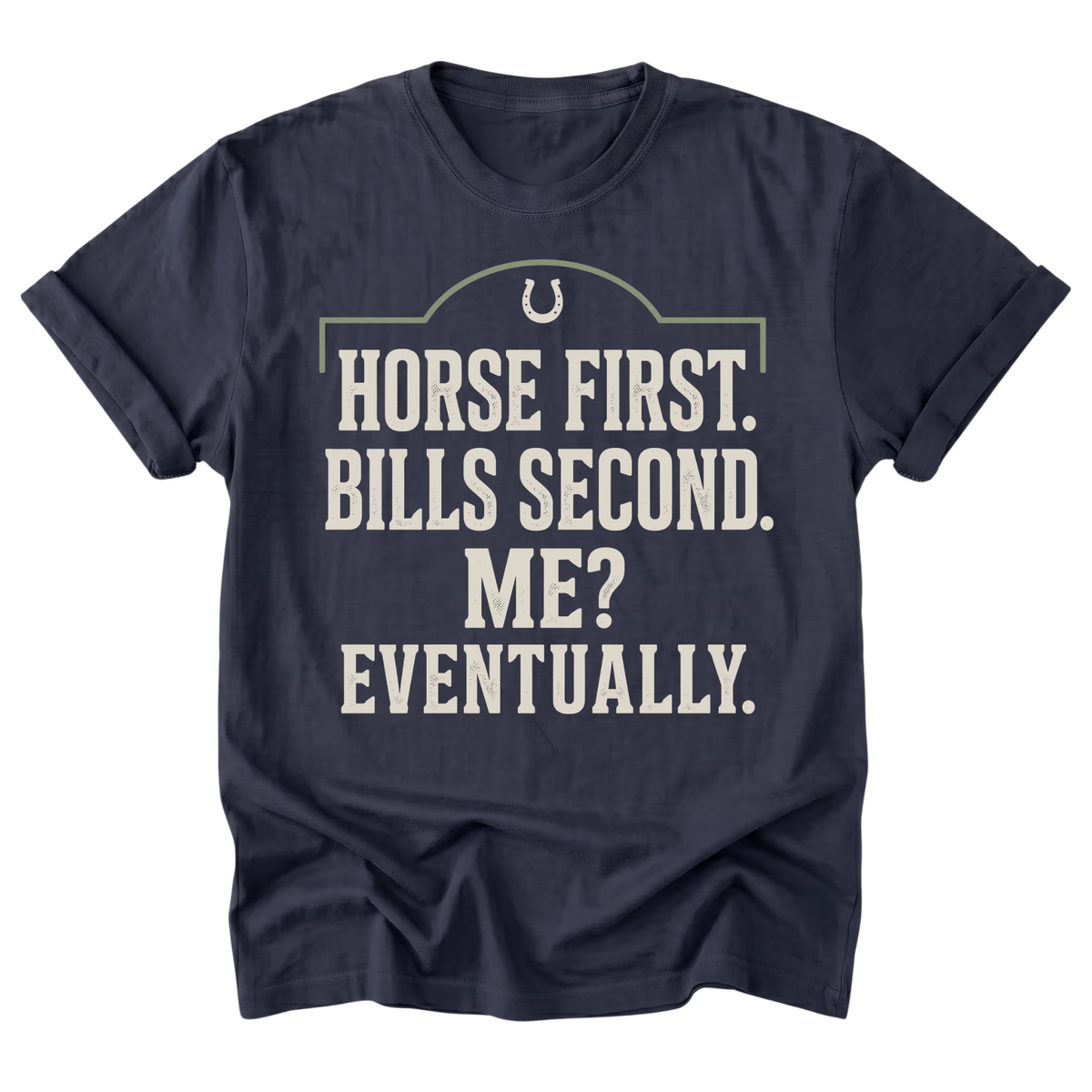 A navy blue short-sleeve t-shirt with a distressed cream-colored graphic on the front. The graphic features a horseshoe logo above the text 'HORSE FIRST.