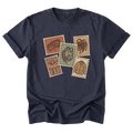 A navy blue short-sleeve t-shirt with a vintage-style graphic on the front. The graphic features five postage-stamp illustrations showing an empty wallet, tangled lead rope, worn horse fly mask, broken wooden fence, and hay-covered barn jacket in muted earthy colors.