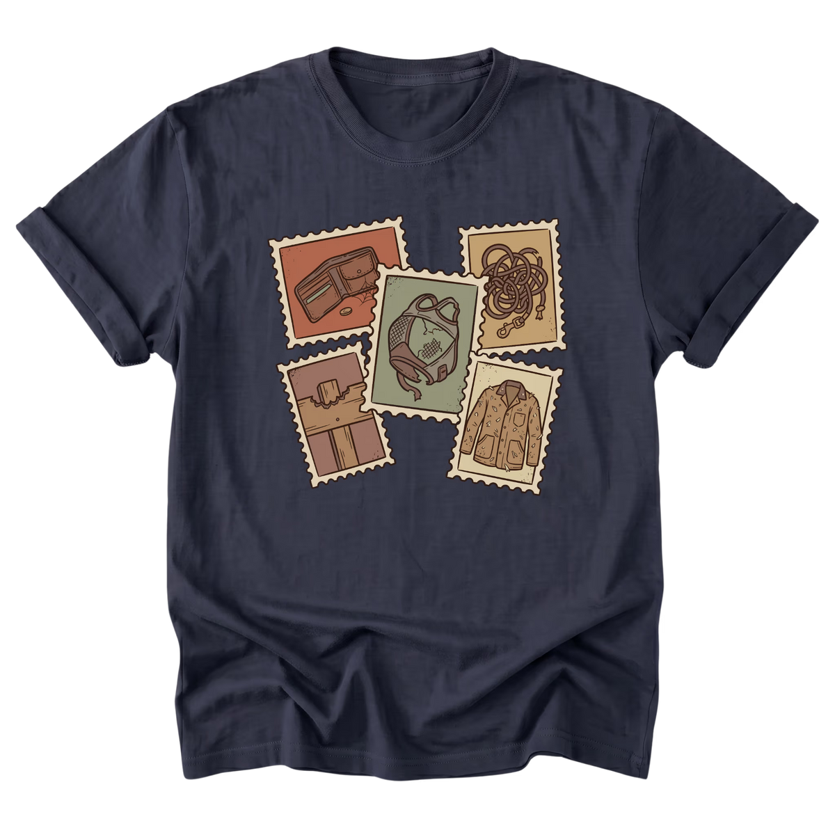 A navy blue short-sleeve t-shirt with a vintage-style graphic on the front. The graphic features five postage-stamp illustrations showing an empty wallet, tangled lead rope, worn horse fly mask, broken wooden fence, and hay-covered barn jacket in muted earthy colors.