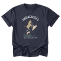 A navy blue t-shirt featuring the text 'UNDIAGNOSED but something ain't right' with a design of a horse with a machine gun and riding a killer whale printed on the front.