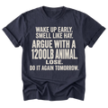 A navy blue short-sleeve t-shirt with a bold, distressed cream-colored text graphic on the front, displayed against a solid white background.