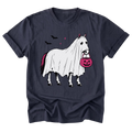 A navy blue short-sleeve t-shirt with a graphic of a white horse draped in a ghost, holding a pink jack-o'-lantern bucket, with three black bats and small pink stars in the background.