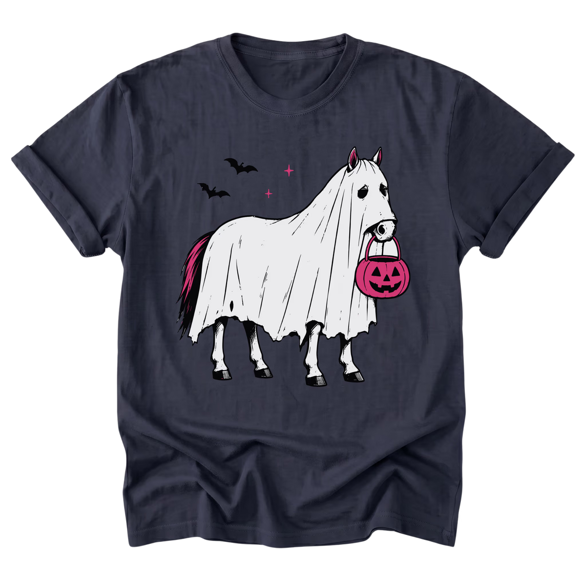 A navy blue short-sleeve t-shirt with a graphic of a white horse draped in a ghost, holding a pink jack-o'-lantern bucket, with three black bats and small pink stars in the background.