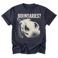 A navy blue short-sleeve t-shirt with a graphic print of a horse's face and the text 'BOUNDARIES?' in a distressed cream font, displayed on a solid white background.