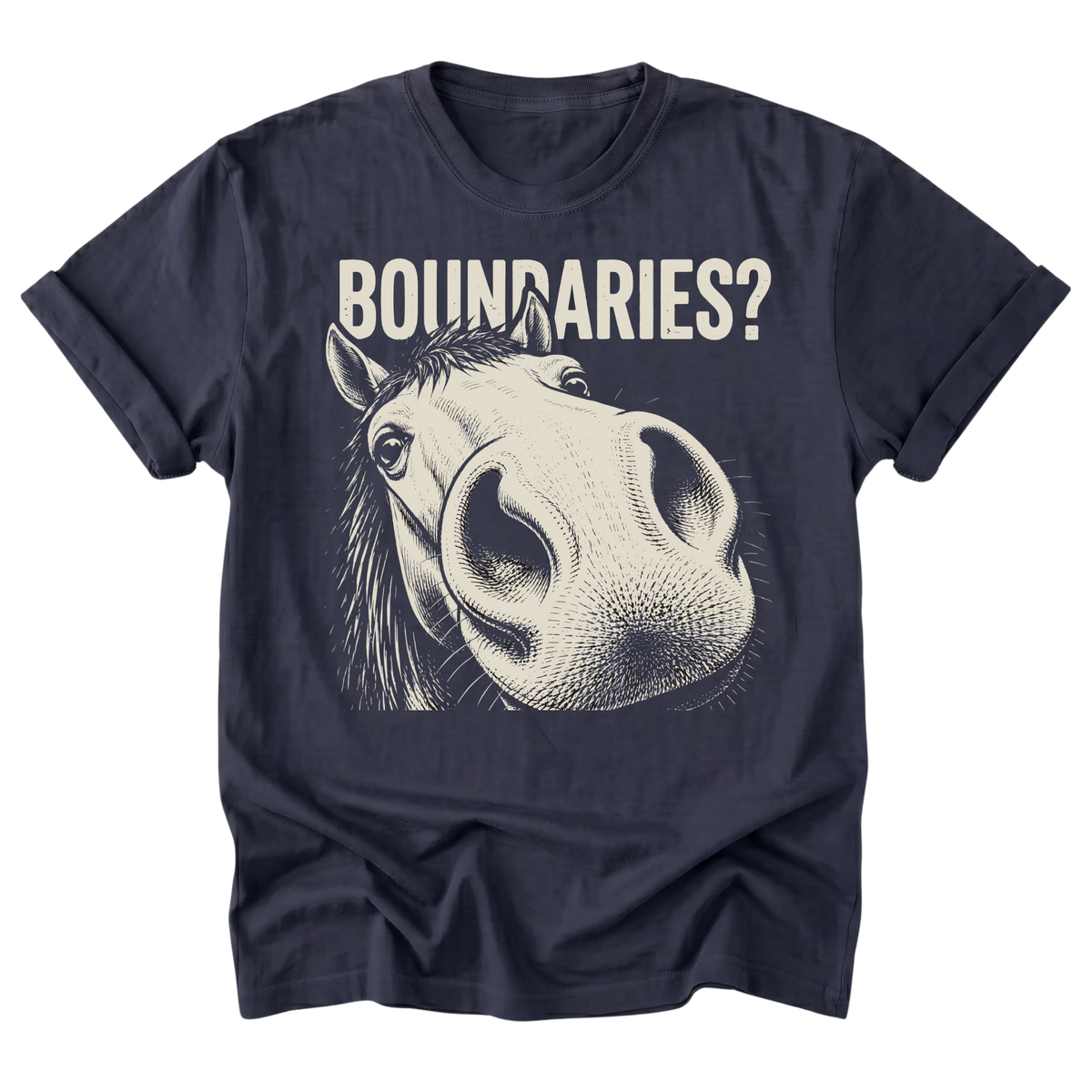 A navy blue short-sleeve t-shirt with a graphic print of a horse's face and the text 'BOUNDARIES?' in a distressed cream font, displayed on a solid white background.
