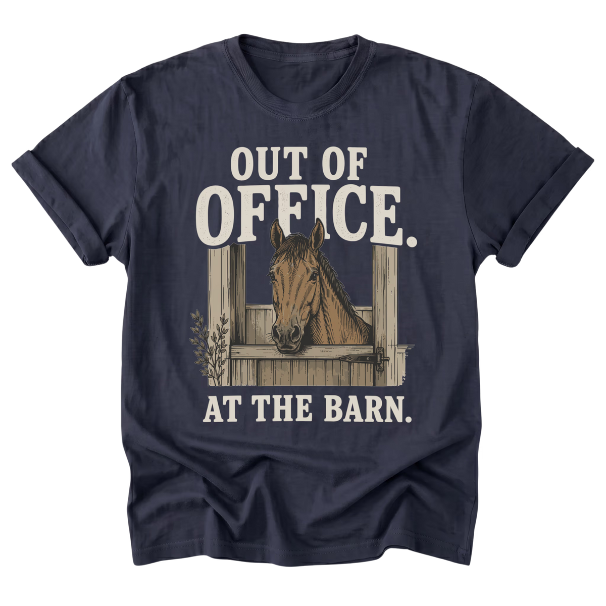 A navy blue short-sleeve t-shirt with a graphic print of a brown horse in a stable doorway and the text 'OUT OF OFFICE. AT THE BARN.