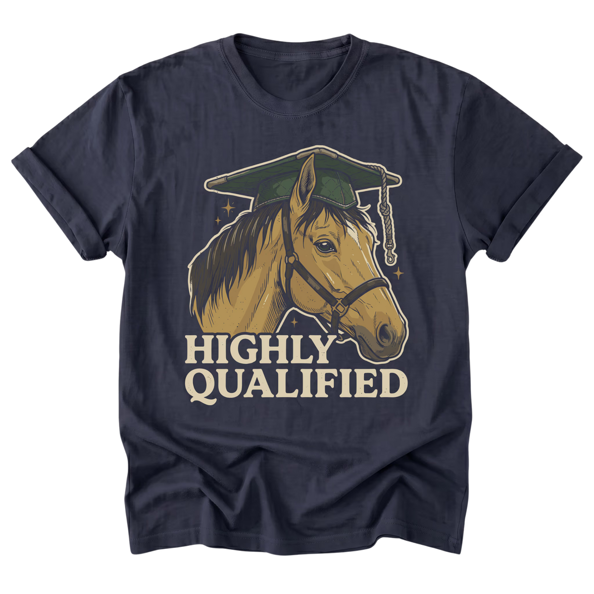 A navy blue short-sleeve t-shirt with a graphic of a horse wearing a graduation cap and the text 'HIGHLY QUALIFIED' in a retro cream font, displayed on a clean white background.
