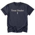 A navy blue short-sleeve t-shirt with the words 'Treat Dealer' and a small carrot graphic printed in beige on the chest, displayed against a solid white background.