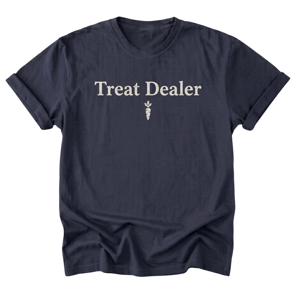 A navy blue short-sleeve t-shirt with the words 'Treat Dealer' and a small carrot graphic printed in beige on the chest, displayed against a solid white background.