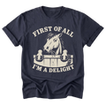 A navy blue short-sleeve t-shirt with a cream-colored graphic print of a horse head and the text 'FIRST OF ALL I'M A DELIGHT' on a solid white background.