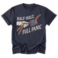 A Navy Blue everyday tee featuring the Half-Halt, Full Panic design on the front by Barnarchy.