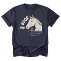 A navy blue graphic t-shirt featuring an illustration of a horse and gloved hand booping the muzzle of the horse and featuring the text 'BOOP' printed on the front.