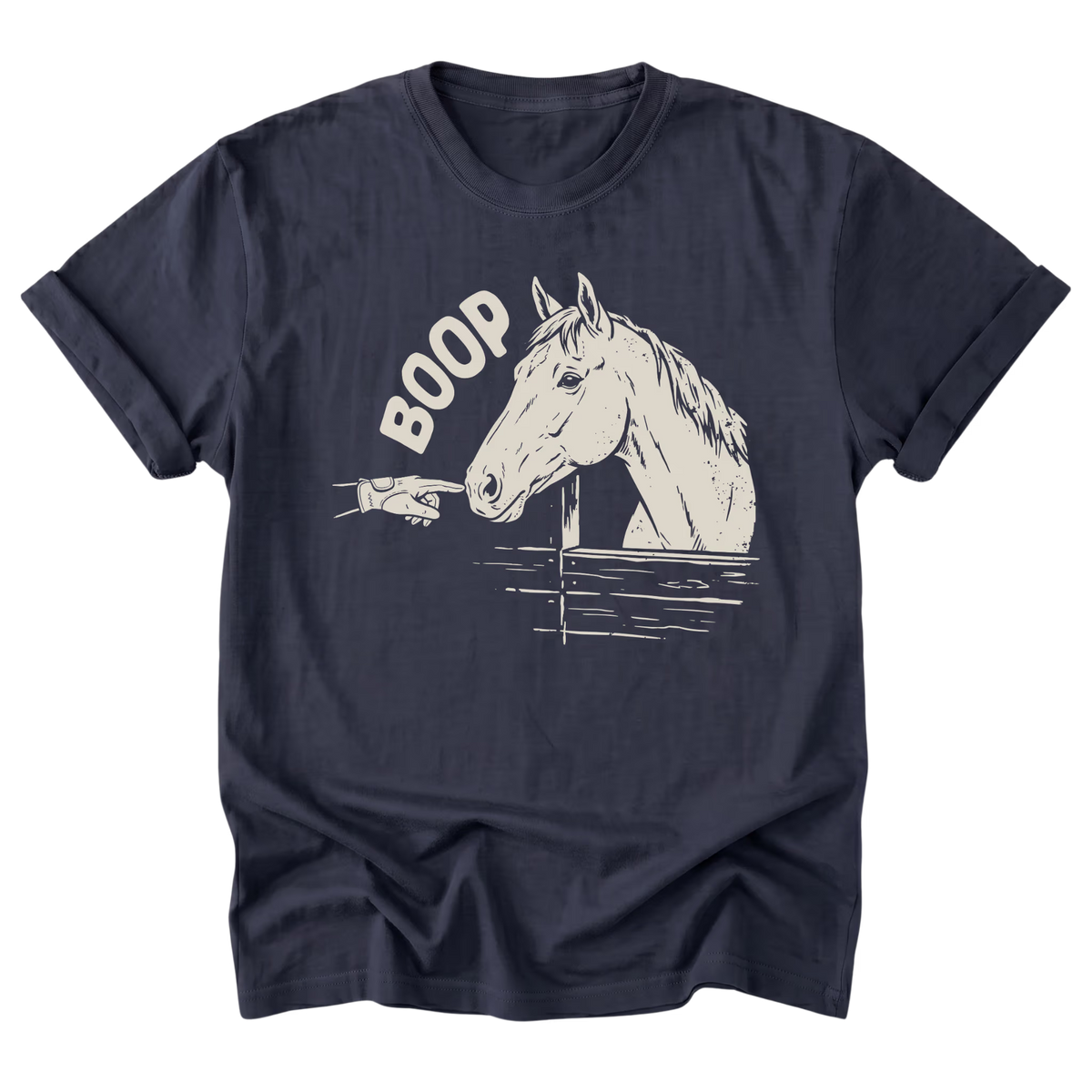 A navy blue graphic t-shirt featuring an illustration of a horse and gloved hand booping the muzzle of the horse and featuring the text 'BOOP' printed on the front.